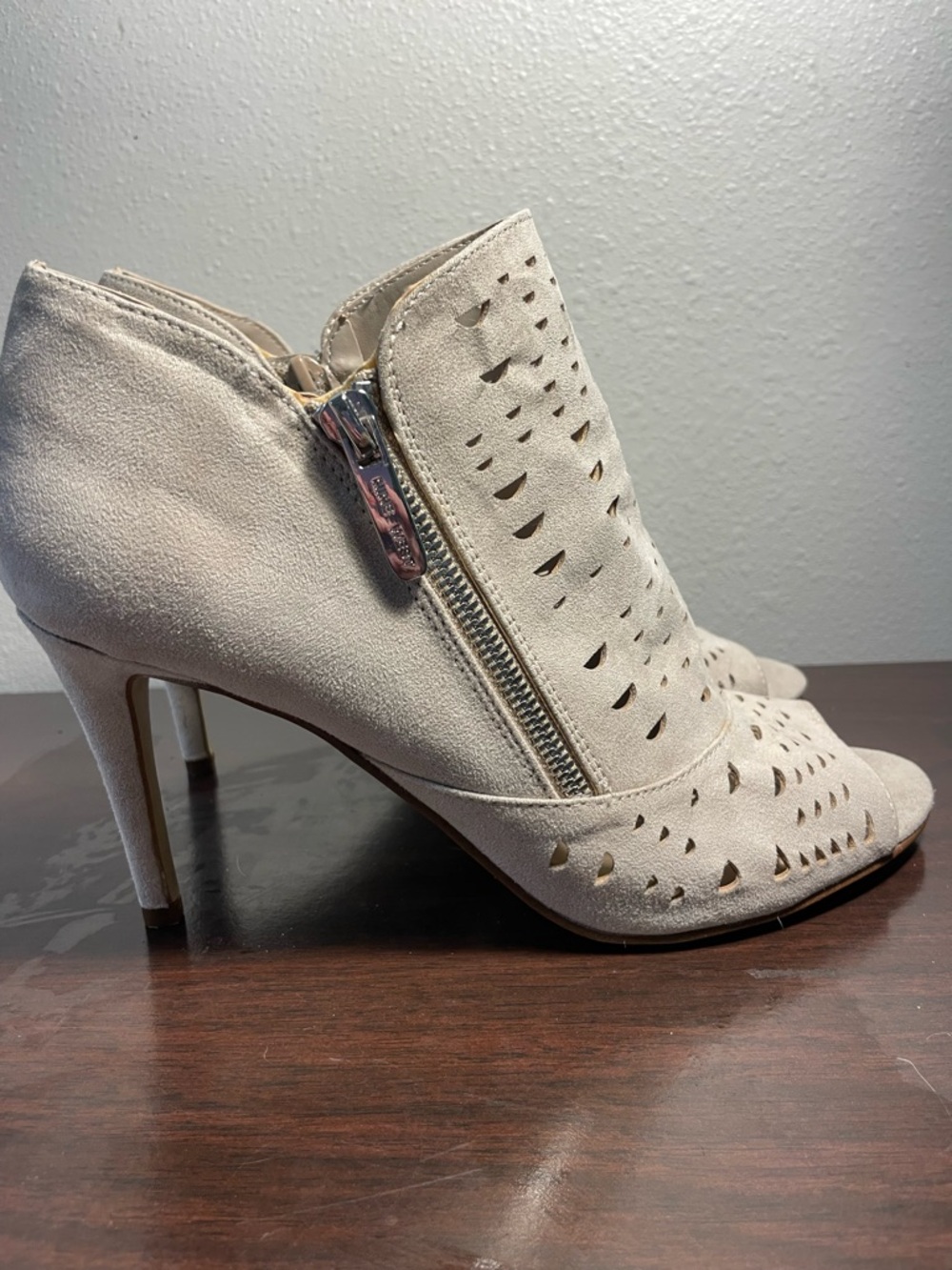 Nine West Beige Suede Peep-Toe Zip Ankle Booties